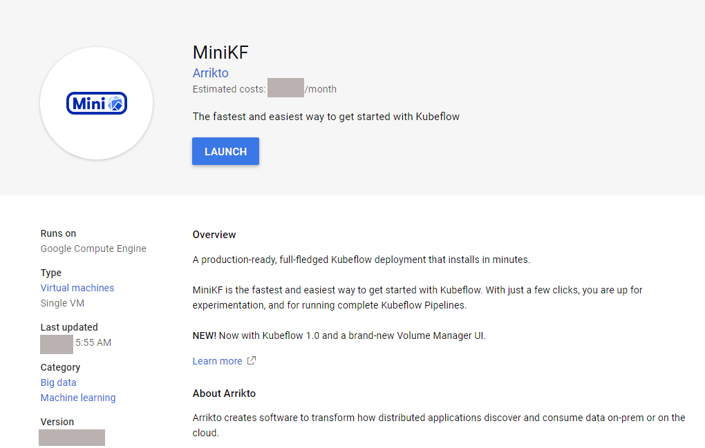 MiniKF page on Google Cloud Marketplace