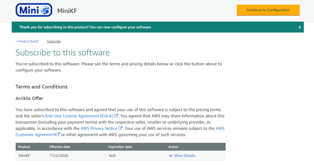 MiniKF on AWS - Continue to Configuration