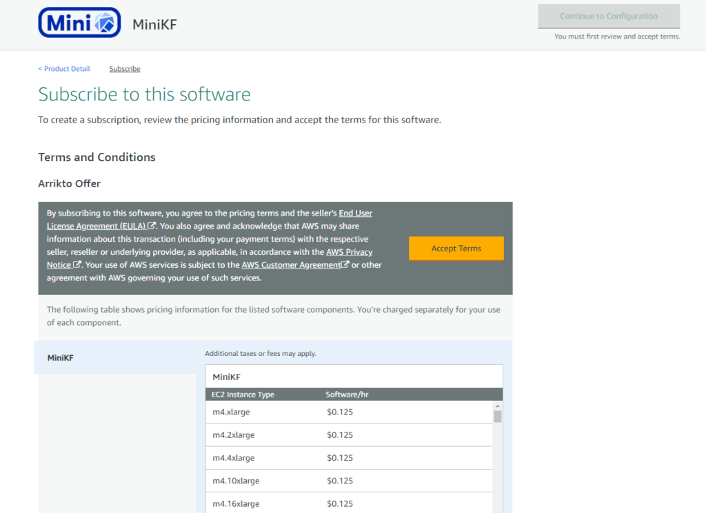 MiniKF on AWS - Accept Terms